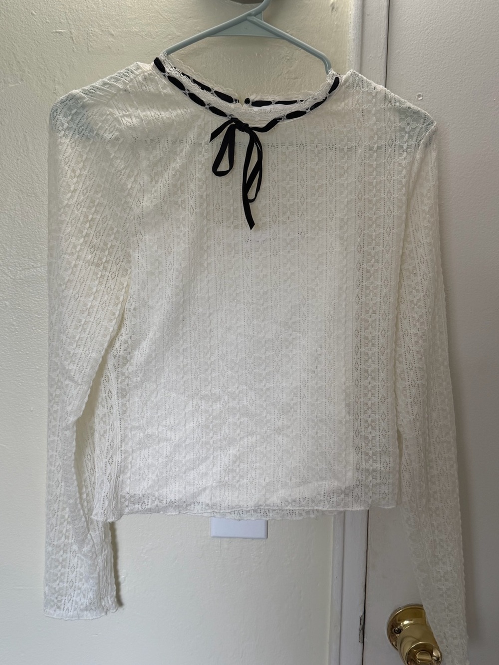 All in Favor Long-Sleeve Tie Neck Blouse with Black Trim